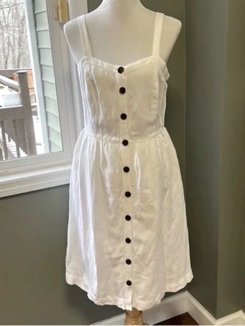 LOFT White Linen Blend Button Front Sundress 6 Coastal Cottagecore Dress - Picture 5 of 17